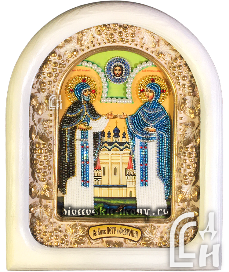Икона Святых Петра и Февронии в белом киоте